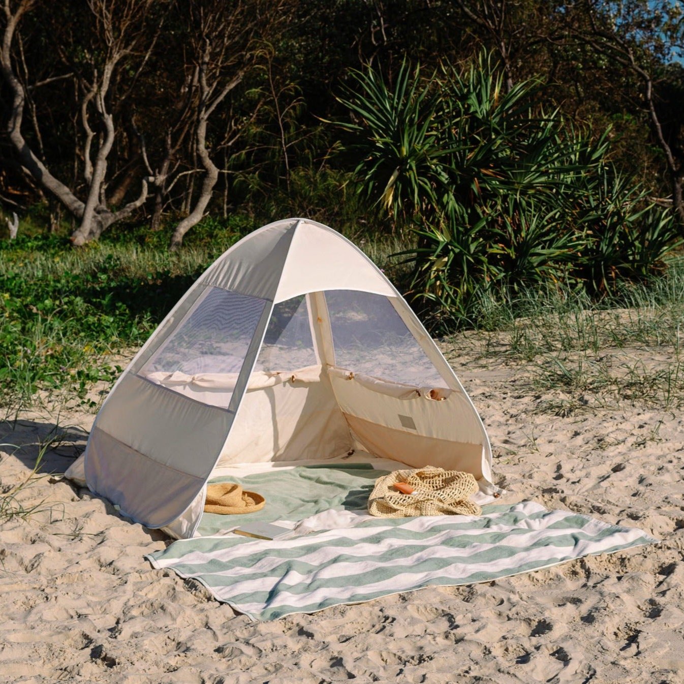 sand pop up beach tent with sage base towel