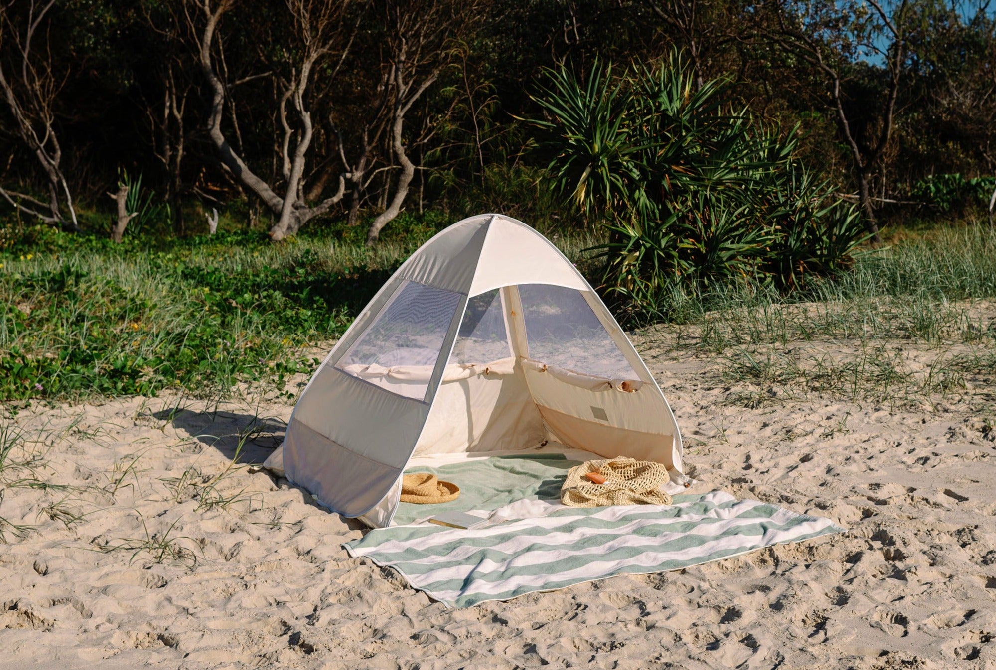sand pop up beach tent with sage base towel
